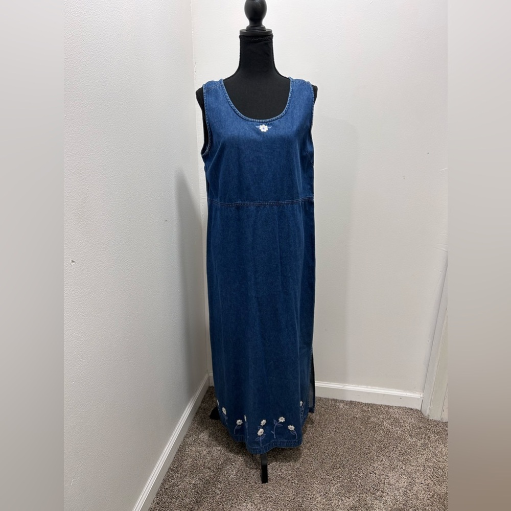 Vintage denim full length embroidered dress, Erika and Co., large, 100% cotton